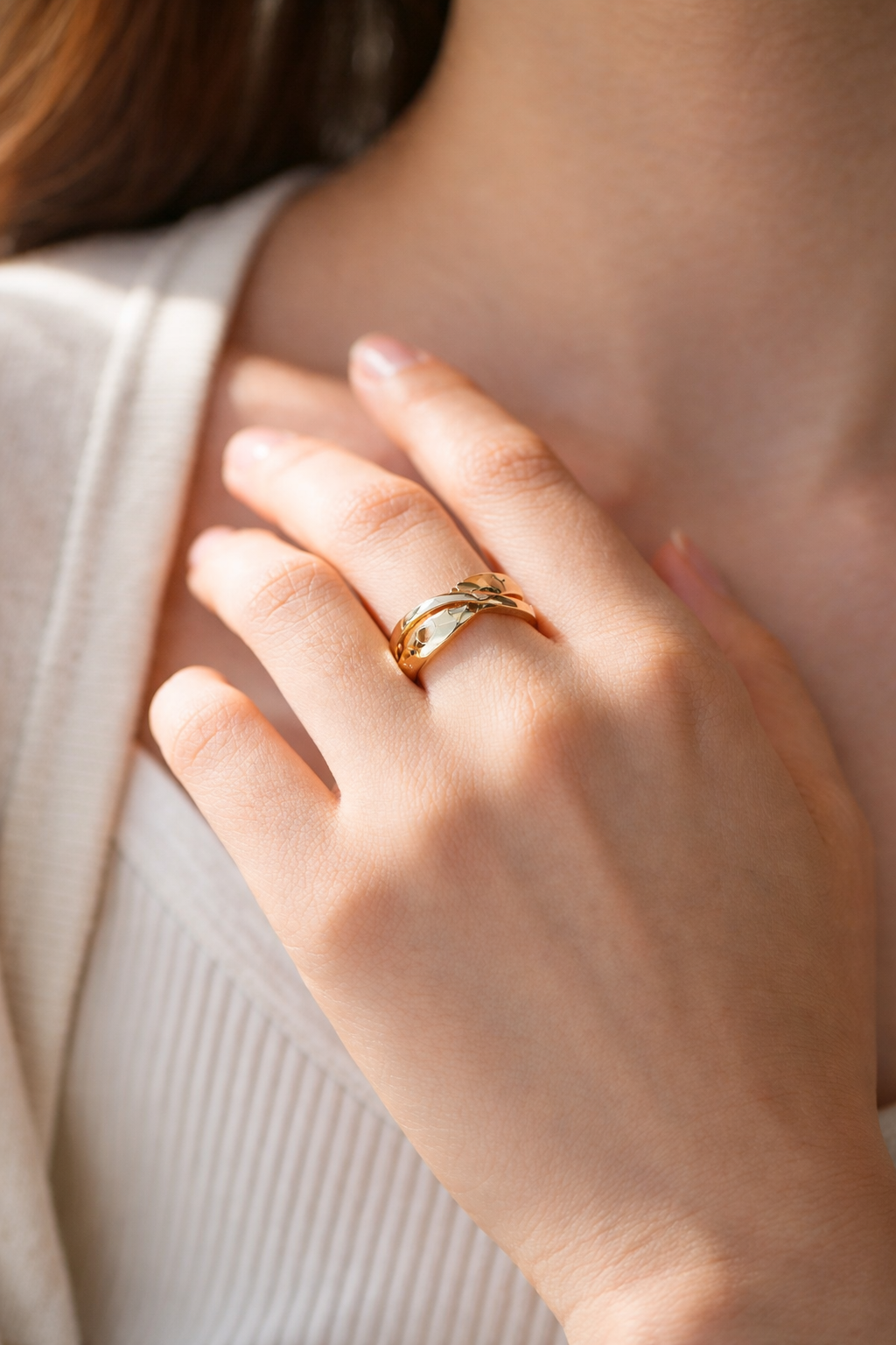 Model wearing the Ramona gold ring, showing the flattering fit and modern style.