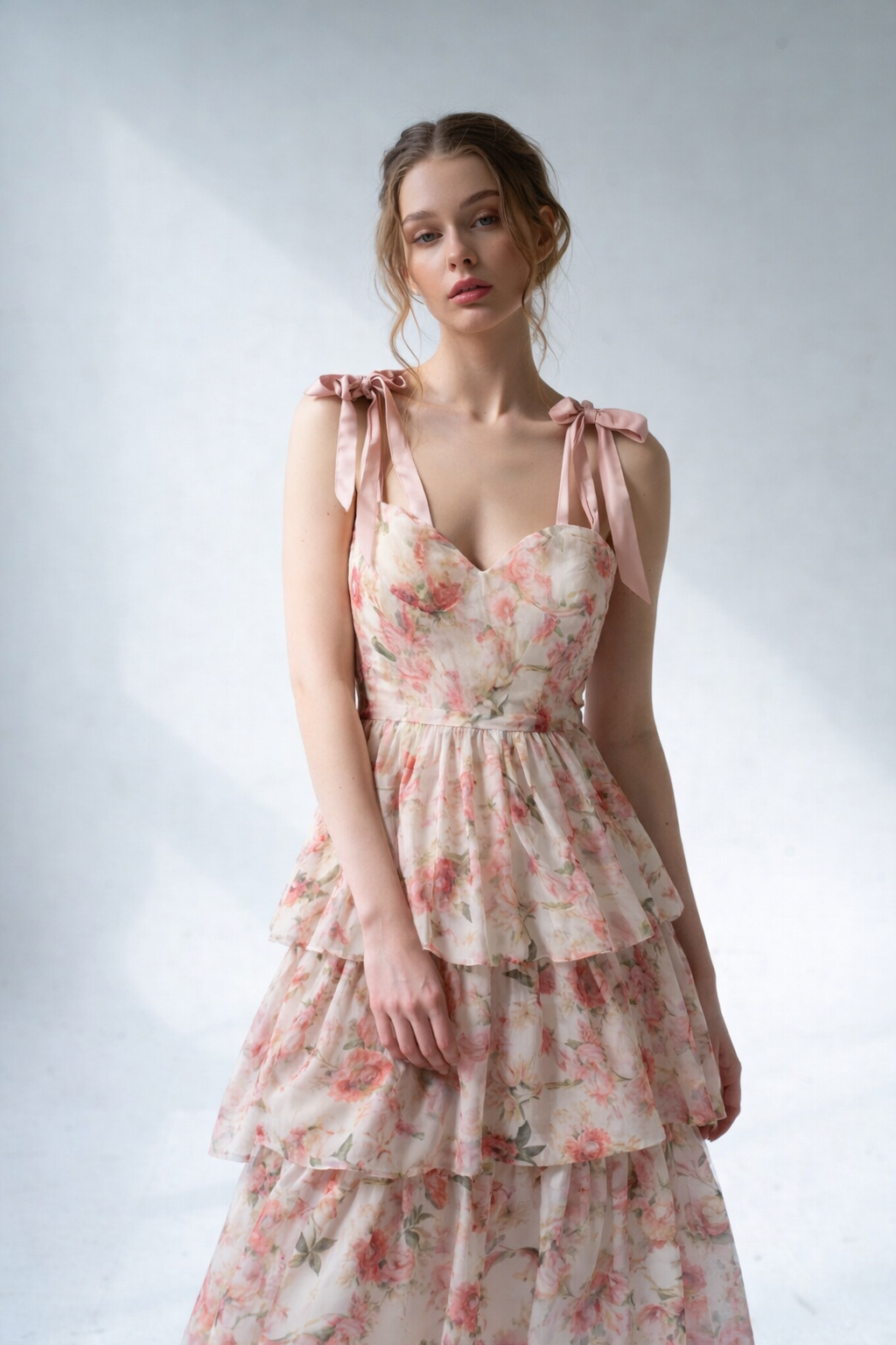 Pastel Corset Maxi Dress floral tiered maxi dress with sweetheart bodice and tie straps