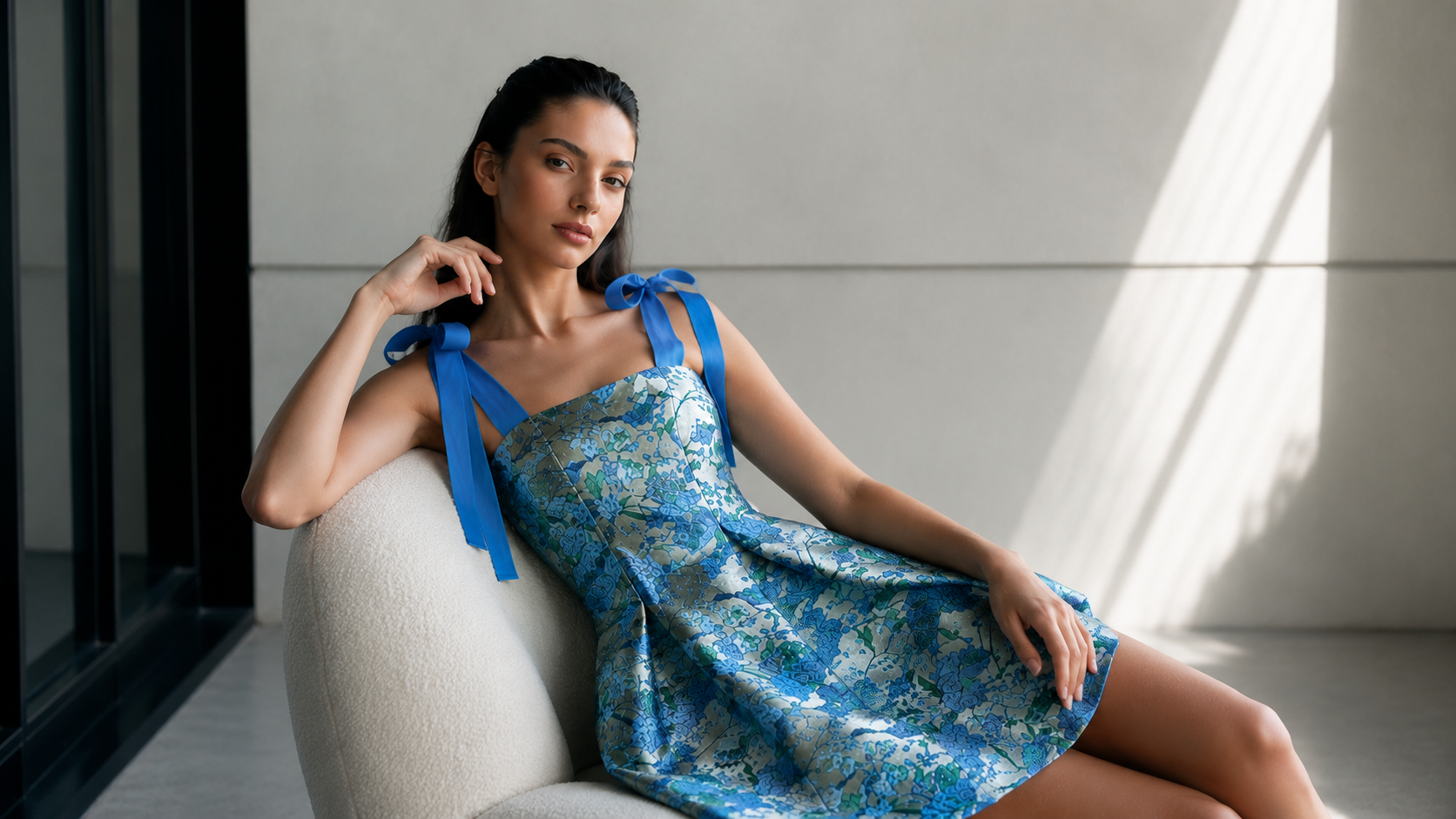 Model sitting elegantly in a white chair wearing the Dina blue jacquard mini dress, showcasing the pleated skirt.