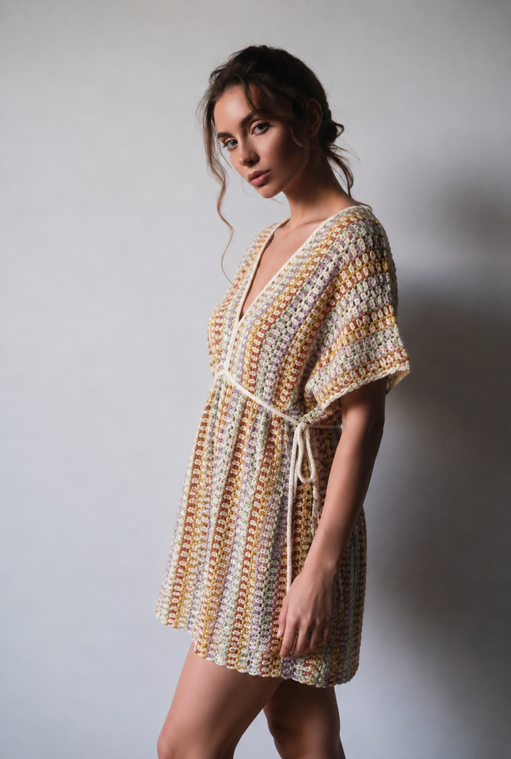 Model wearing the multi-color textured Sky Kaftan, posing indoors against a white wall.