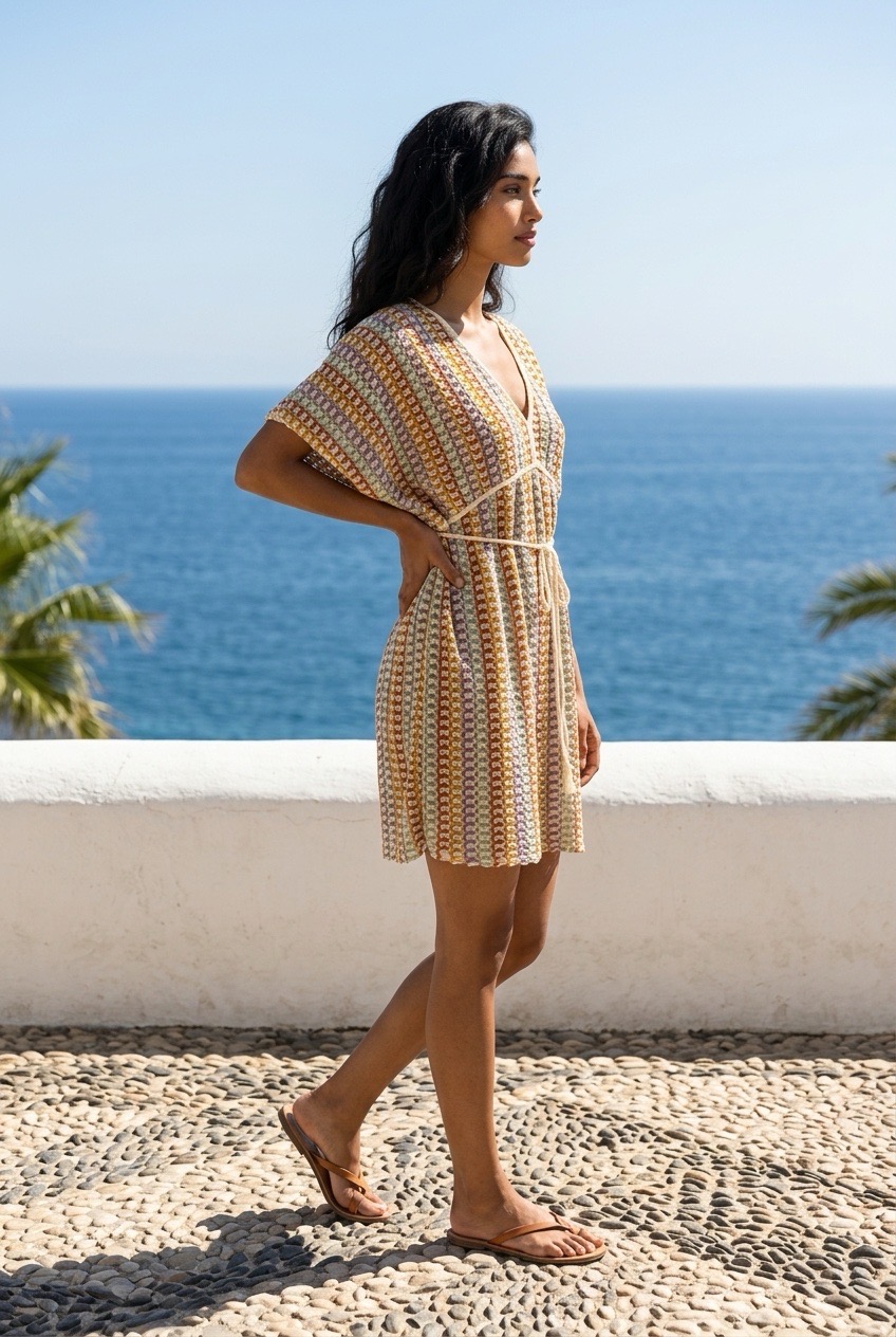 Profile view of a model wearing the Sky Kaftan and sandals, walking by the ocean.